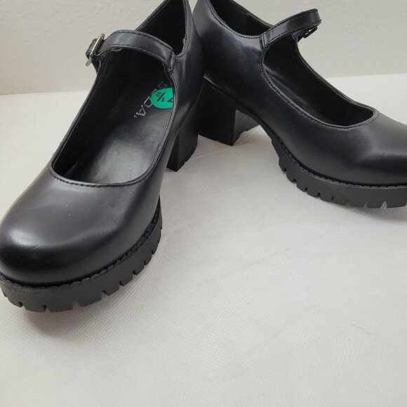Soda Shoes Women's 7.5 Black Mary Jane Heels Lug Sole Chunky Block Heel Strap - Picture 5 of 15